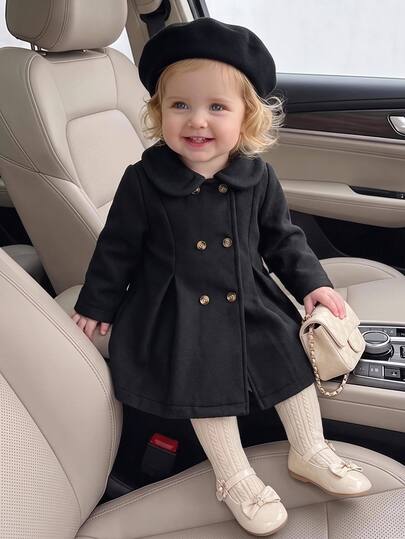 SHEIN Baby Girl Solid Color Double-Breasted Casual Versatile Autumn Overcoat