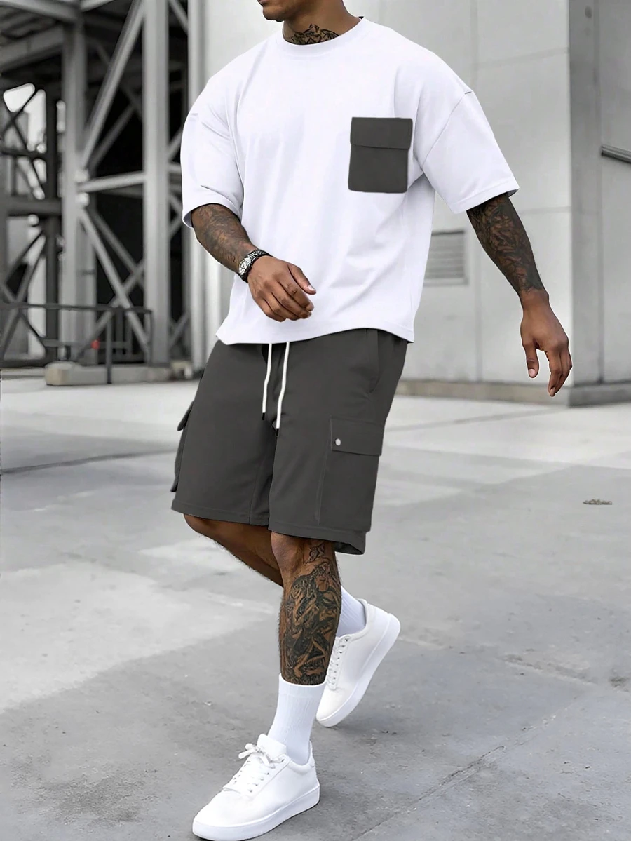 Manfinity Homme Men's Summer Casual Contrast Color Pocket Short Sleeve T-Shirt & Utility Shorts Set Men Two Piece Casual Short Sets Men Summer Sweatsuit - Multicolor - View 1