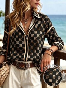 Trelyra European & American Luxury Style Slogan Letter All-Over Print Top, High-End Contrast Trim Loose Draped Long Sleeve Blouse - Multicolor - View 4