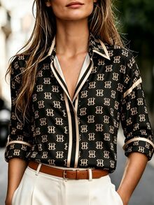 Trelyra European & American Luxury Style Slogan Letter All-Over Print Top, High-End Contrast Trim Loose Draped Long Sleeve Blouse - Multicolor - View 1