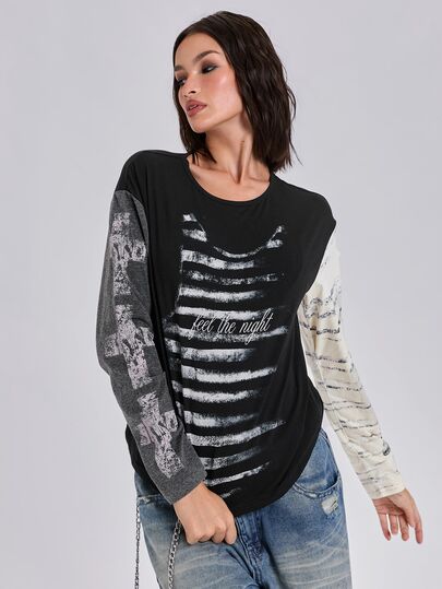 ROMWE Y2K Women's Street Casual Striped Cross Print Long Sleeve T-Shirt