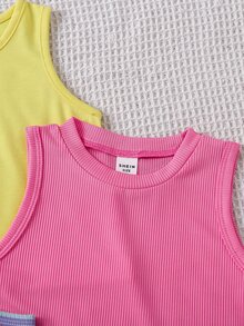 SHEIN Genkimix Kids 4pcs/Set Young Girl Ribbed Casual Tank Tops In Various Necklines For Spring - Multicolor - View 8