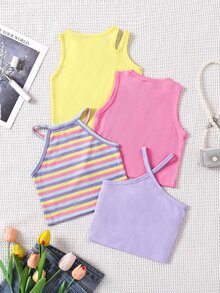 SHEIN Genkimix Kids 4pcs/Set Young Girl Ribbed Casual Tank Tops In Various Necklines For Spring - Multicolor - View 3