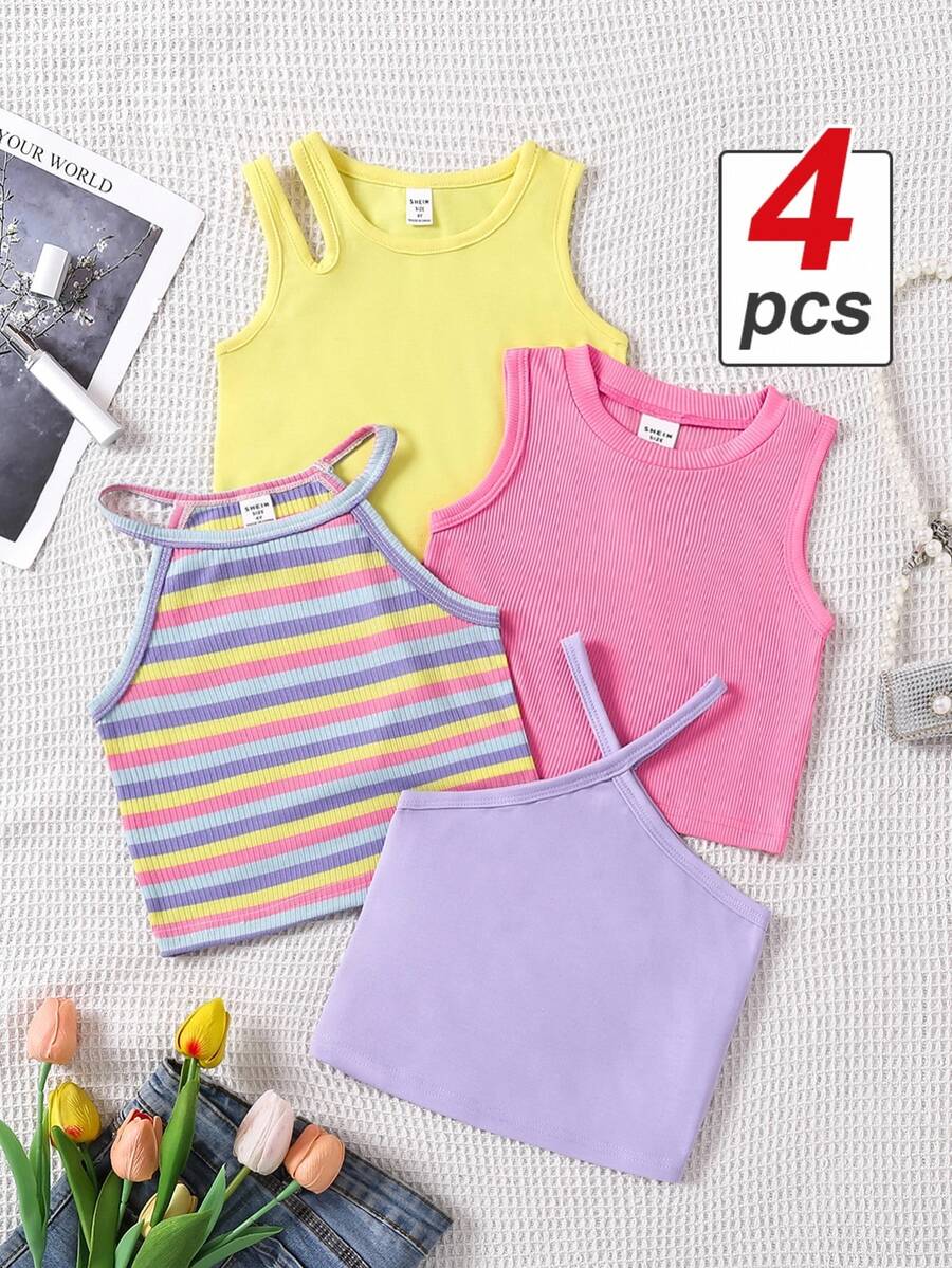 SHEIN Genkimix Kids 4pcs/Set Young Girl Ribbed Casual Tank Tops In Various Necklines For Spring