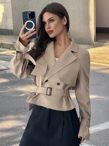 Firerie 女款優雅卡其色風衣，秋季辦公商務休閒繫帶夾克，老錢風V領收腰亞麻混紡長袖短版西裝外套 - 卡其色 - 查看 3