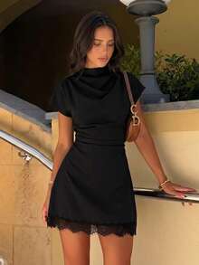 Firerie Women's Lace Patchwork Pleated Casual Daily Summer Mini Dress - Black - View 3