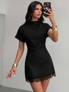 Firerie Women's Lace Patchwork Pleated Casual Daily Summer Mini Dress - Black - View 7