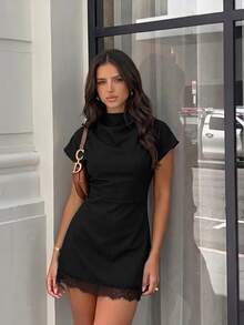 Firerie Women's Lace Patchwork Pleated Casual Daily Summer Mini Dress - Black - View 5