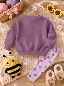 Baby Girl Casual Minimalist Loose Crew Neck Sweatshirt And Elastic Waist Long Pants Set, Thermal Lined, Suitable For Autumn/Winter - Multicolor - View 5