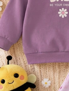 Baby Girl Casual Minimalist Loose Crew Neck Sweatshirt And Elastic Waist Long Pants Set, Thermal Lined, Suitable For Autumn/Winter - Multicolor - View 3