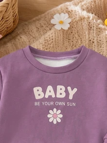 Baby Girl Casual Minimalist Loose Crew Neck Sweatshirt And Elastic Waist Long Pants Set, Thermal Lined, Suitable For Autumn/Winter - Multicolor - View 6