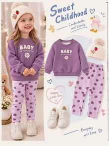 Baby Girl Casual Minimalist Loose Crew Neck Sweatshirt And Elastic Waist Long Pants Set, Thermal Lined, Suitable For Autumn/Winter - Multicolor - View 1