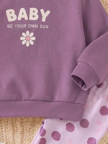Baby Girl Casual Minimalist Loose Crew Neck Sweatshirt And Elastic Waist Long Pants Set, Thermal Lined, Suitable For Autumn/Winter - Multicolor - View 4
