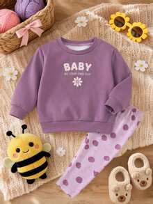 Baby Girl Casual Minimalist Loose Crew Neck Sweatshirt And Elastic Waist Long Pants Set, Thermal Lined, Suitable For Autumn/Winter - Multicolor - View 2