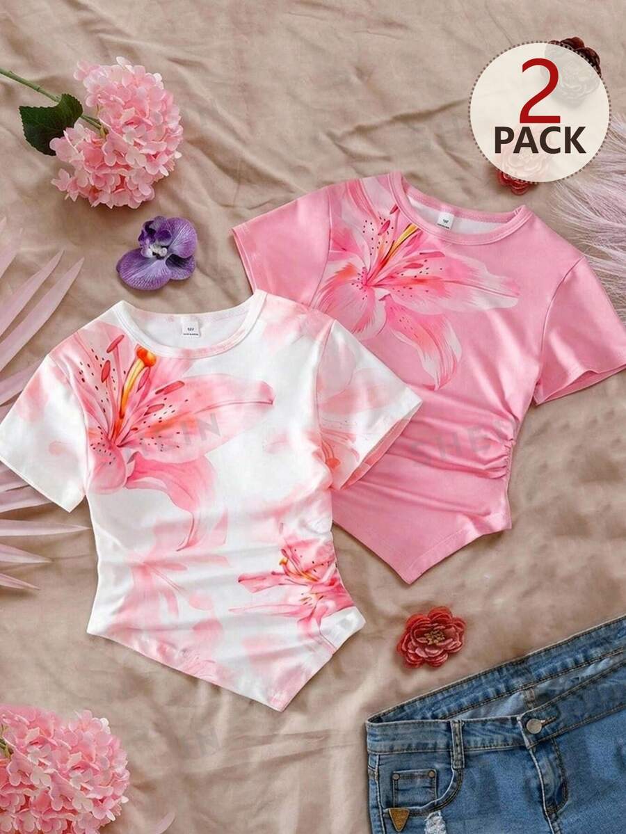 SHEIN 青少年女孩 2件組圓領短袖T恤，修身不對稱下擺，粉色與白色粉色豹紋，休閒可愛夏季上衣度假款