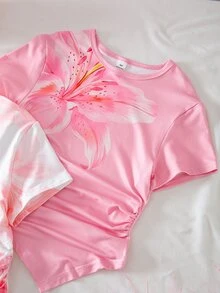 SHEIN 青少年女孩 2件組圓領短袖T恤，修身不對稱下擺，粉色與白色粉色豹紋，休閒可愛夏季上衣度假款 - 粉色 - 查看 6