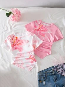 SHEIN 青少年女孩 2件組圓領短袖T恤，修身不對稱下擺，粉色與白色粉色豹紋，休閒可愛夏季上衣度假款 - 粉色 - 查看 5