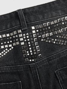 ROMWE All Season Street Casual Y2K Star-Shaped Rivet Rhinestone Loose Straight Leg Curved Hem Denim Jeans - Grey - View 7