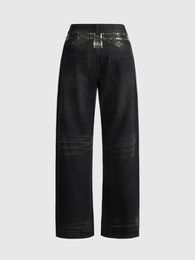 ROMWE All Season Street Casual Y2K Star-Shaped Rivet Rhinestone Loose Straight Leg Curved Hem Denim Jeans - Grey - View 9