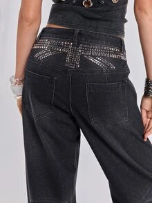 ROMWE All Season Street Casual Y2K Star-Shaped Rivet Rhinestone Loose Straight Leg Curved Hem Denim Jeans - Grey - View 1