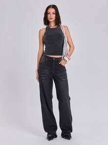 ROMWE All Season Street Casual Y2K Star-Shaped Rivet Rhinestone Loose Straight Leg Curved Hem Denim Jeans - Grey - View 3