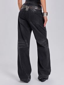 ROMWE All Season Street Casual Y2K Star-Shaped Rivet Rhinestone Loose Straight Leg Curved Hem Denim Jeans - Grey - View 2