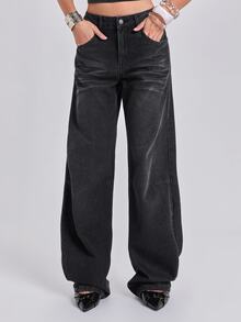ROMWE All Season Street Casual Y2K Star-Shaped Rivet Rhinestone Loose Straight Leg Curved Hem Denim Jeans - Grey - View 4