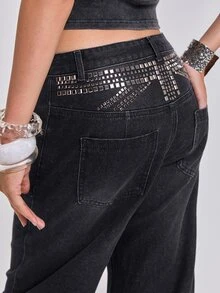 ROMWE All Season Street Casual Y2K Star-Shaped Rivet Rhinestone Loose Straight Leg Curved Hem Denim Jeans - Grey - View 6