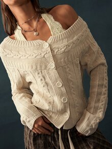 Bohemela Vintage Casual Twisted Rope One-Letter Collar Knit Cardigan Brunch Cream Autumn - Apricot - View 1