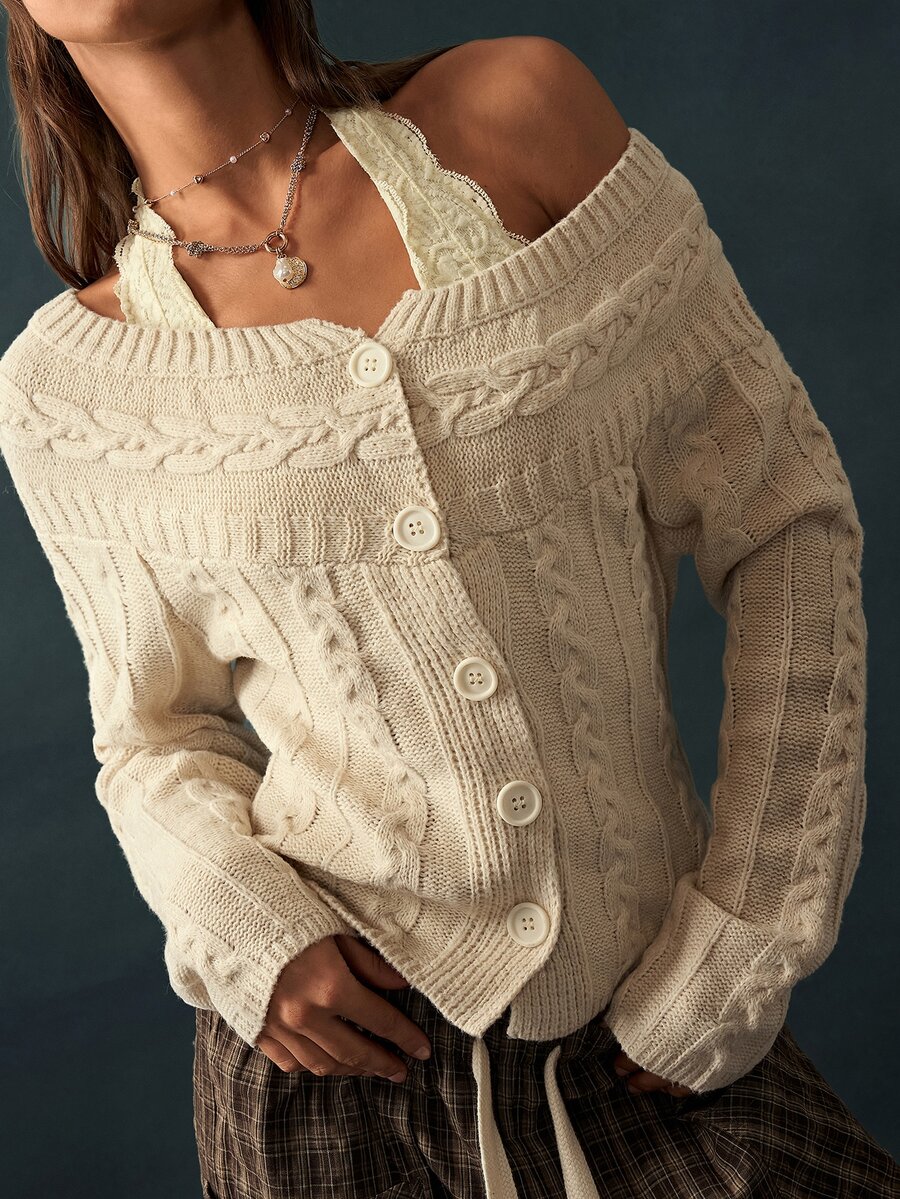 Bohemela Vintage Casual Twisted Rope One-Letter Collar Knit Cardigan Brunch Cream Autumn - Apricot - View 1