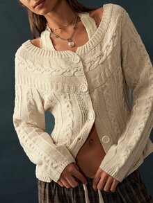 Bohemela Vintage Casual Twisted Rope One-Letter Collar Knit Cardigan Brunch Cream Autumn - Apricot - View 3