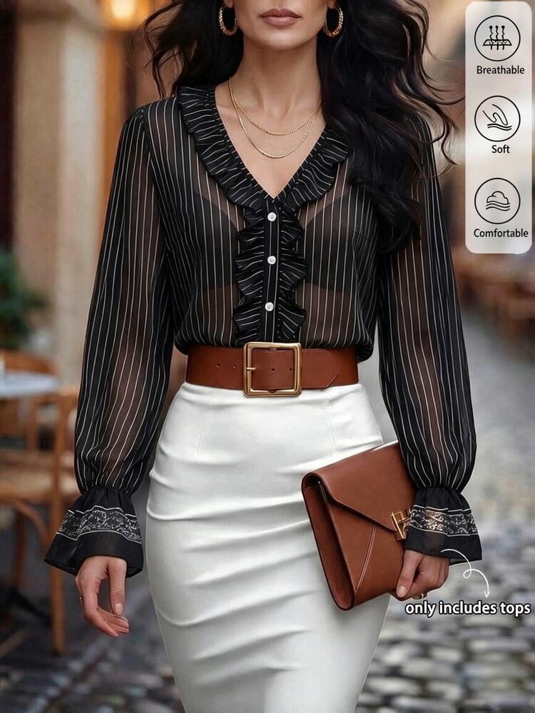 SHEIN Autumn French Retro Striped Ruffled Long-Sleeved Women's Blouse, Made Of Chiffon Fabric, Perfect For Parties, Commuting, Christmas, And Halloween. - Black - View 6