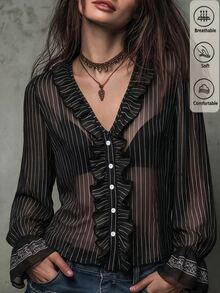 SHEIN Blus Wanita Lengan Panjang Motif Garis dengan Ruffle Gaya Retro Prancis Musim Gugur, Bahan Sifon, Cocok untuk Pesta, Perjalanan Kerja, Natal dan Halloween - Hitam - View 5