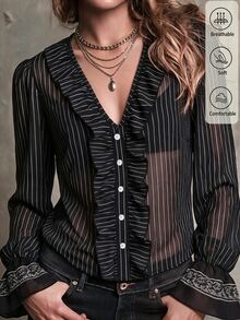 SHEIN Blus Wanita Lengan Panjang Motif Garis dengan Ruffle Gaya Retro Prancis Musim Gugur, Bahan Sifon, Cocok untuk Pesta, Perjalanan Kerja, Natal dan Halloween - Hitam - View 4