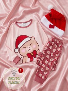 女童聖誕全印花修身長袖圓領睡衣套裝，秋冬款長褲 - 彩色 - 查看 7