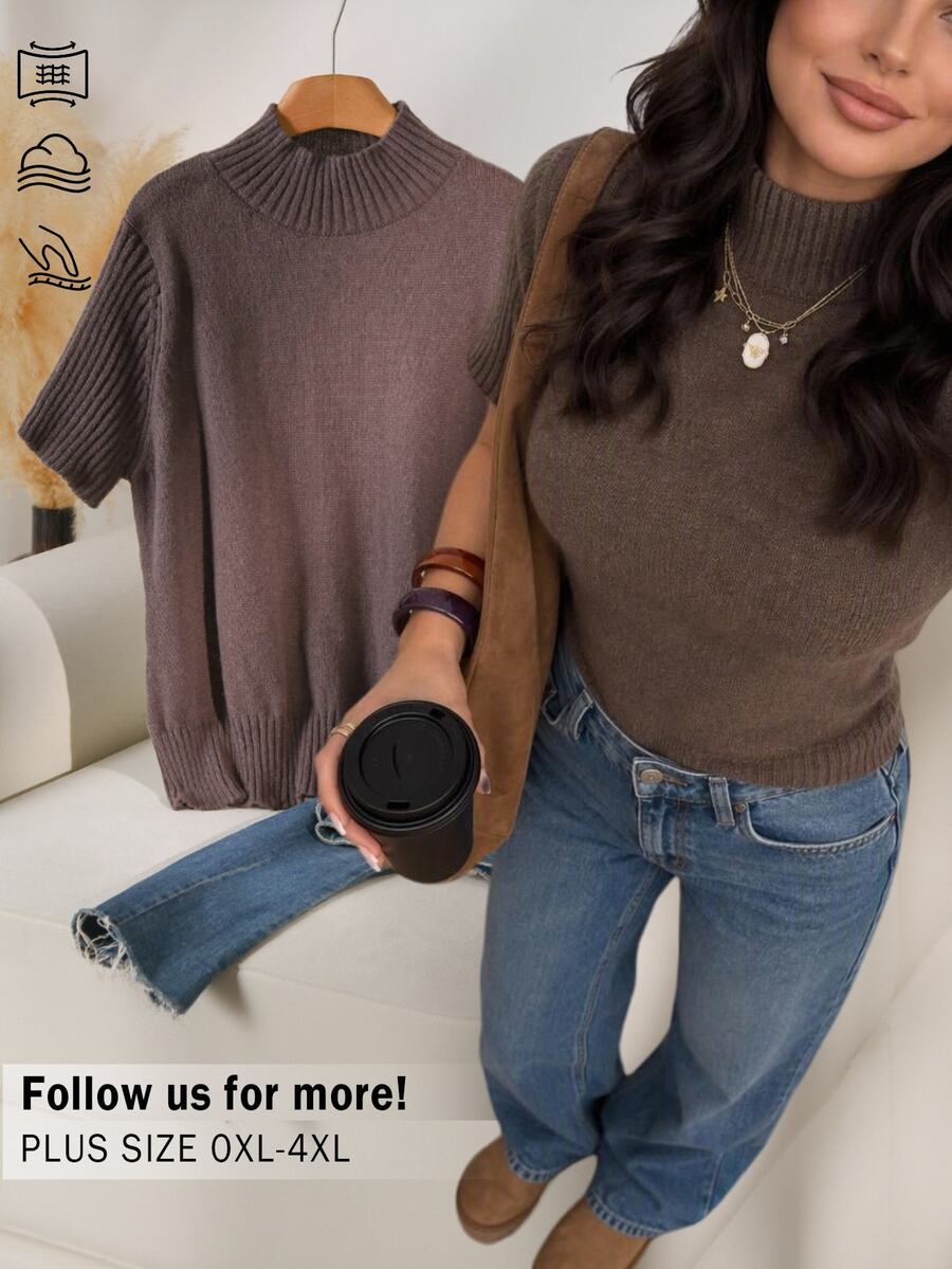 CosyJoli Plus Size Solid Color Stand Collar Short Sleeve Sweater Office Formal Chocolate Brown Autumn Casual Soft Form Modest Fall