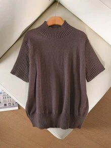CosyJoli Plus Size Solid Color Stand Collar Short Sleeve Sweater Office Formal Chocolate Brown Autumn Casual Soft Form Modest Fall - Brown - View 5