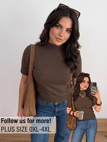 CosyJoli Plus Size Solid Color Stand Collar Short Sleeve Sweater Office Formal Chocolate Brown Autumn Casual Soft Form Modest Fall - Brown - View 2