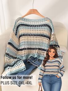 CosyJoli Plus Size Casual Blue White Striped Hollow Out Boat Neck Loose Short Pullover Long Sleeve Sweater,Slightly Sheer, Sun Protection In Fall/Winter - Blue and White - View 5