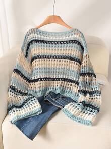 CosyJoli Plus Size Casual Blue White Striped Hollow Out Boat Neck Loose Short Pullover Long Sleeve Sweater,Slightly Sheer, Sun Protection In Fall/Winter - Blue and White - View 9