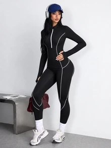 StreetHx Women's Black Athletic Bandage Jumpsuit, Autumn/Winter, Long Sleeve, Colorblock Half-Zip Stand Collar, Front Colorblock Split Design, Gym Workout - Black - View 8