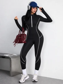 StreetHx Women's Black Athletic Bandage Jumpsuit, Autumn/Winter, Long Sleeve, Colorblock Half-Zip Stand Collar, Front Colorblock Split Design, Gym Workout - Black - View 3