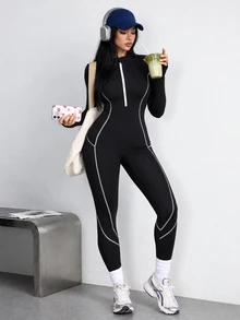StreetHx Women's Black Athletic Bandage Jumpsuit, Autumn/Winter, Long Sleeve, Colorblock Half-Zip Stand Collar, Front Colorblock Split Design, Gym Workout - Black - View 5