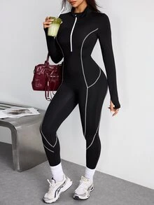 StreetHx Women's Black Athletic Bandage Jumpsuit, Autumn/Winter, Long Sleeve, Colorblock Half-Zip Stand Collar, Front Colorblock Split Design, Gym Workout - Black - View 4