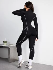 StreetHx Women's Black Athletic Bandage Jumpsuit, Autumn/Winter, Long Sleeve, Colorblock Half-Zip Stand Collar, Front Colorblock Split Design, Gym Workout - Black - View 2