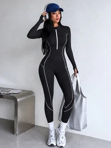 StreetHx Women's Black Athletic Bandage Jumpsuit, Autumn/Winter, Long Sleeve, Colorblock Half-Zip Stand Collar, Front Colorblock Split Design, Gym Workout - Black - View 1