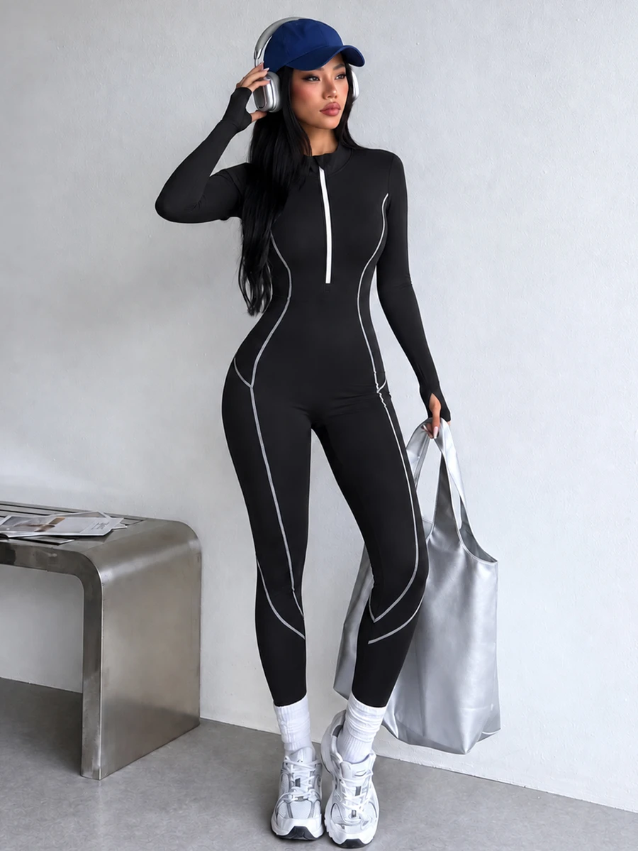 StreetHx Women's Black Athletic Bandage Jumpsuit, Autumn/Winter, Long Sleeve, Colorblock Half-Zip Stand Collar, Front Colorblock Split Design, Gym Workout - Black - View 1