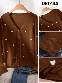 CosyJoli Women's Plus Size Heart Embroidered Basic Cardigan Winter Fall - Brown - View 8