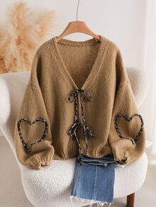 CosyJoli Brown Plus Size Women Tie-Front Knot Cardigan In Fall/Winter - Brown - View 6