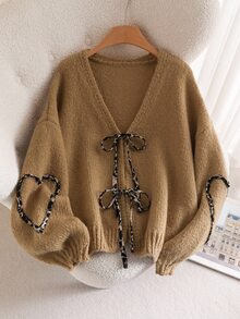 CosyJoli Brown Plus Size Women Tie-Front Knot Cardigan In Fall/Winter - Brown - View 8